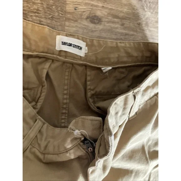 Taylor Stitch The Foundation Democratic Pants Organic Khaki Chino 34 READ Hole - Picture 3 of 13